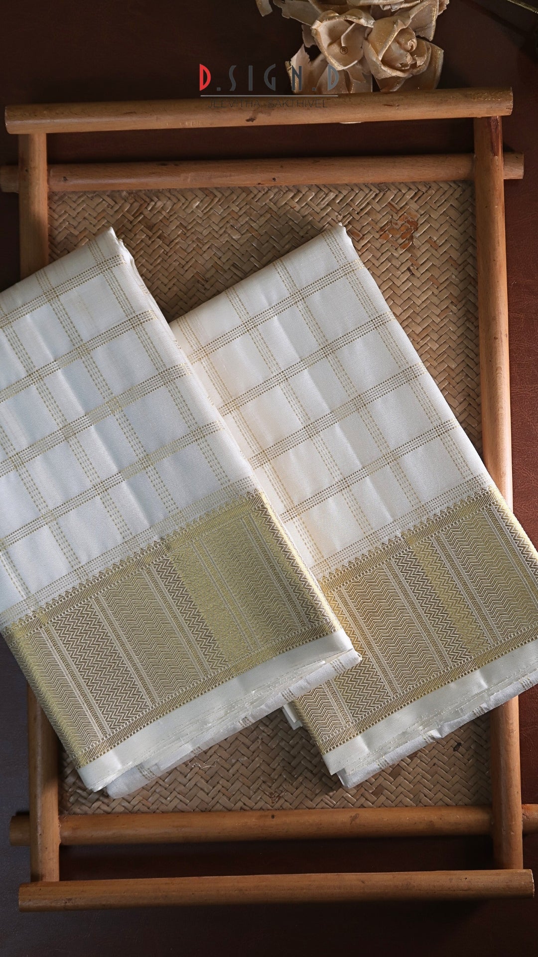 Handwoven White Pure Silk Dhoti with Angavastram - Checks