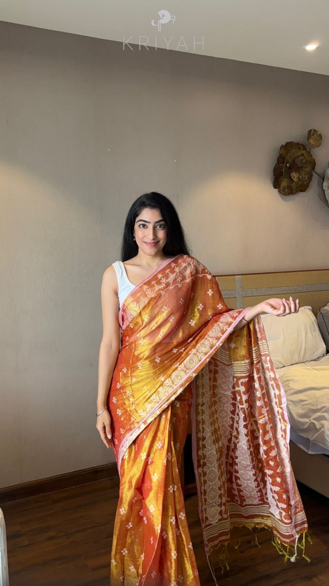 Orange Jamdhani tissue Saree