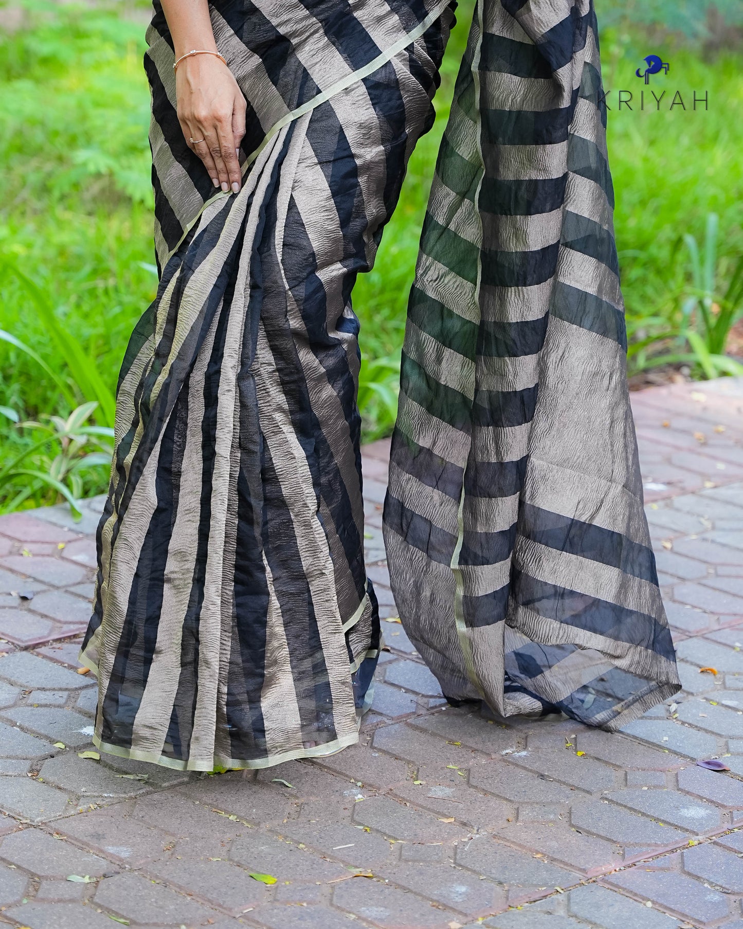 Tara- Black gold striped Crush Saree