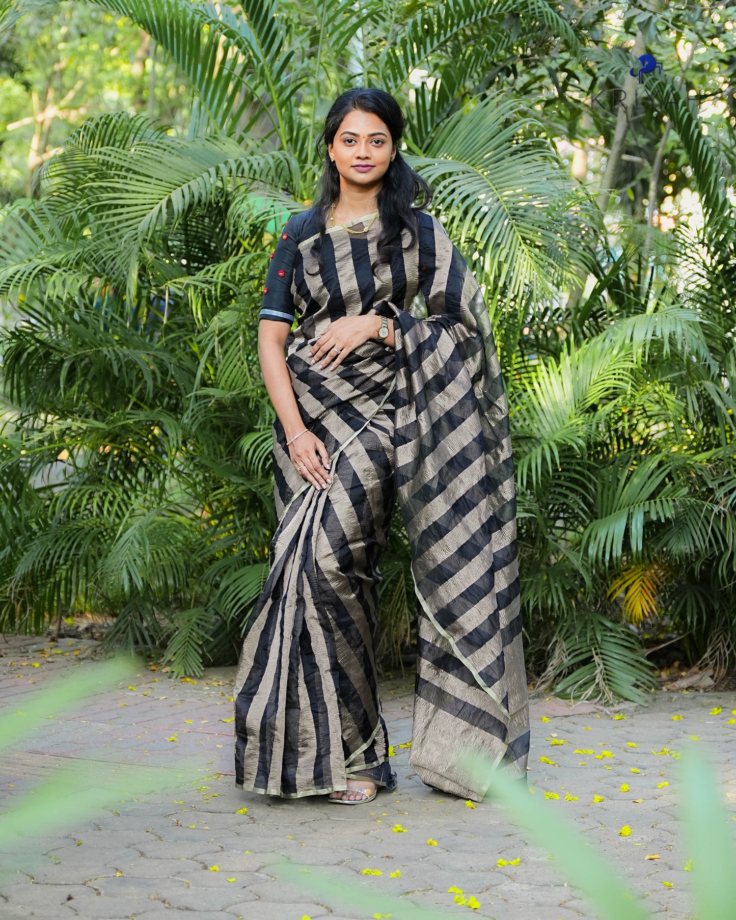 Tara- Black gold striped Crush Saree