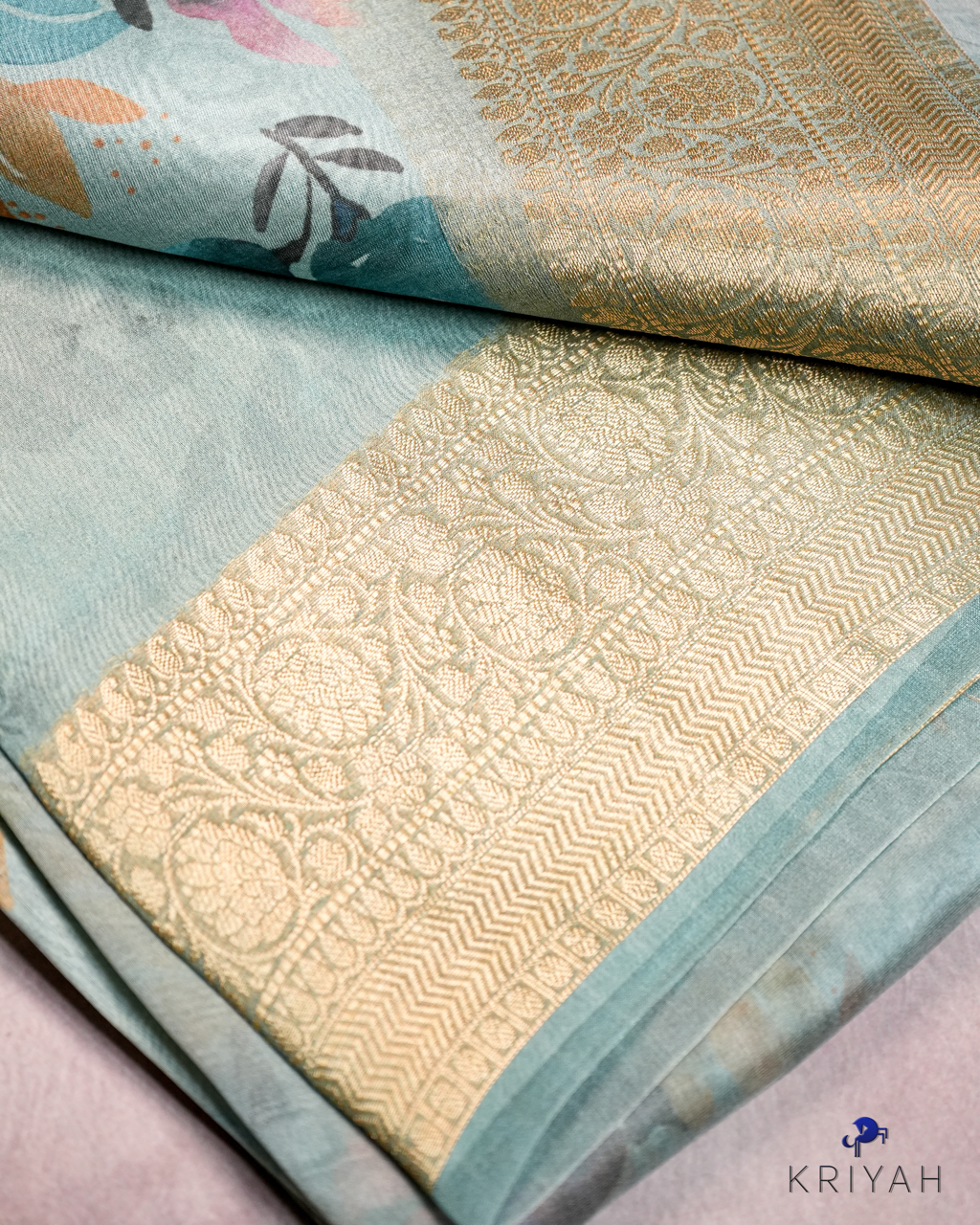 Printed Organza Saree - Powder Blue