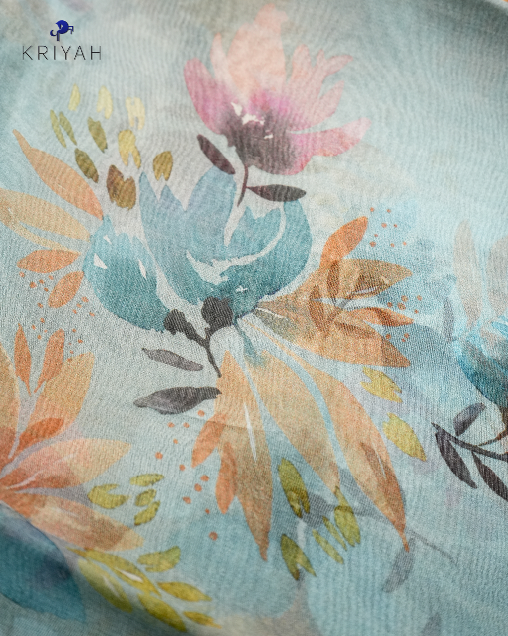 Printed Organza Saree - Powder Blue