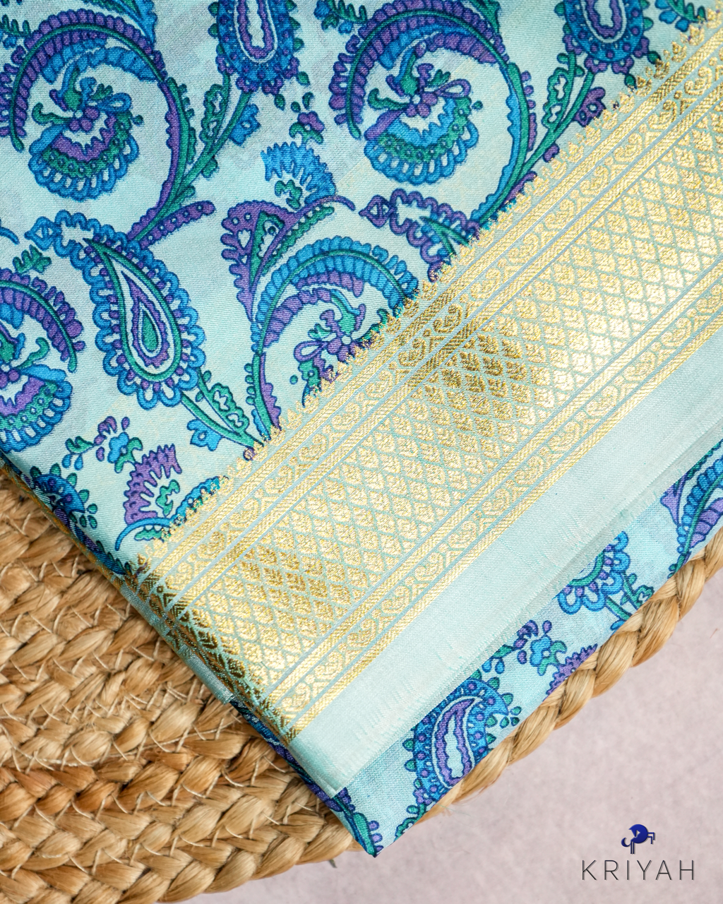 PAISLEY PRINTED SILK WITH BORDER - LIGHT BLUE