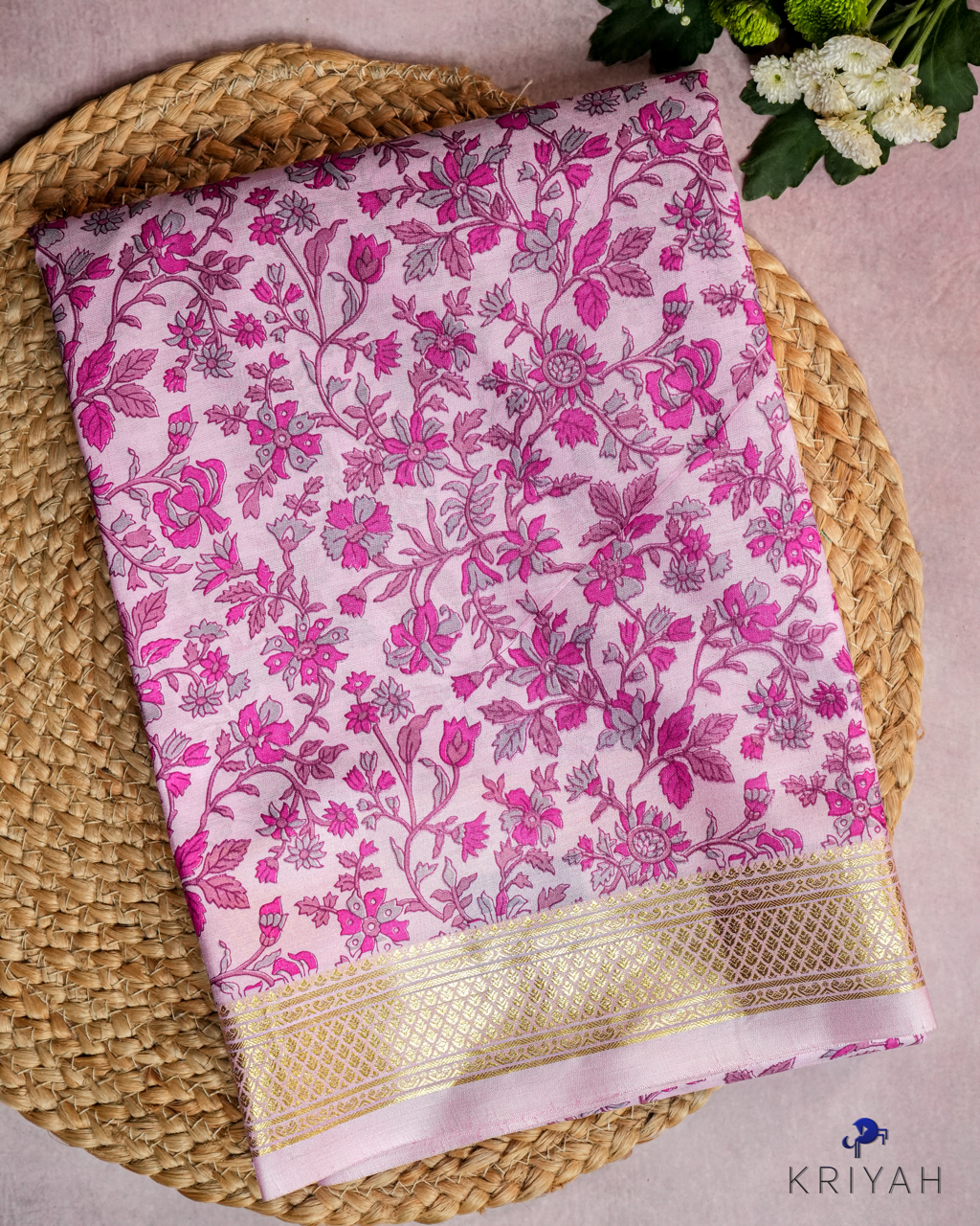FLORAL PRINTED SILK WITH BORDER - LIGHT PINK
