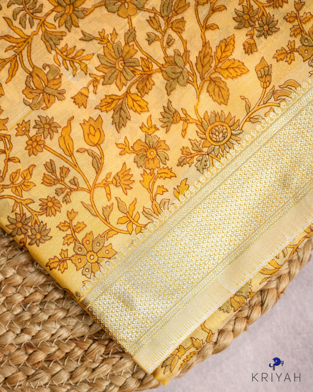 FLORAL PRINTED SILK WITH BORDER - LEMON YELLOW