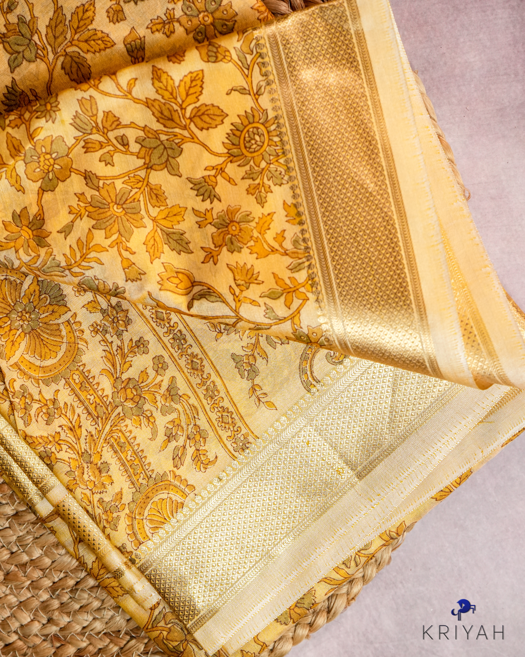 FLORAL PRINTED SILK WITH BORDER - LEMON YELLOW