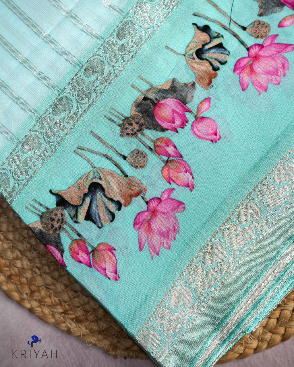 LOTUS PRINTED CREPE SAREE - SKY BLUE