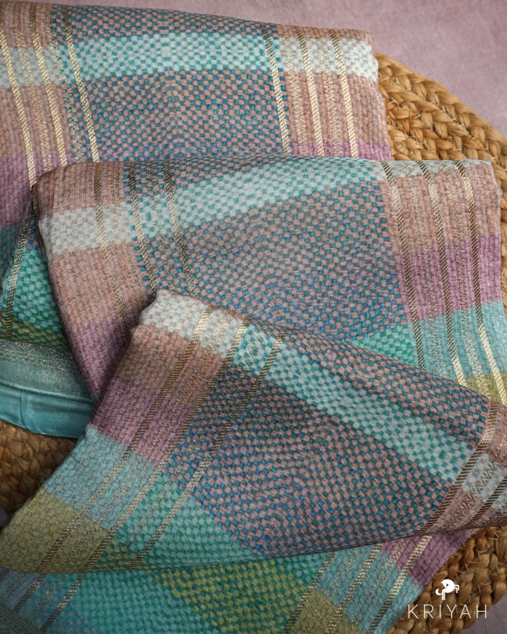 CHECKS PRINTED CREPE SAREE - BLUE