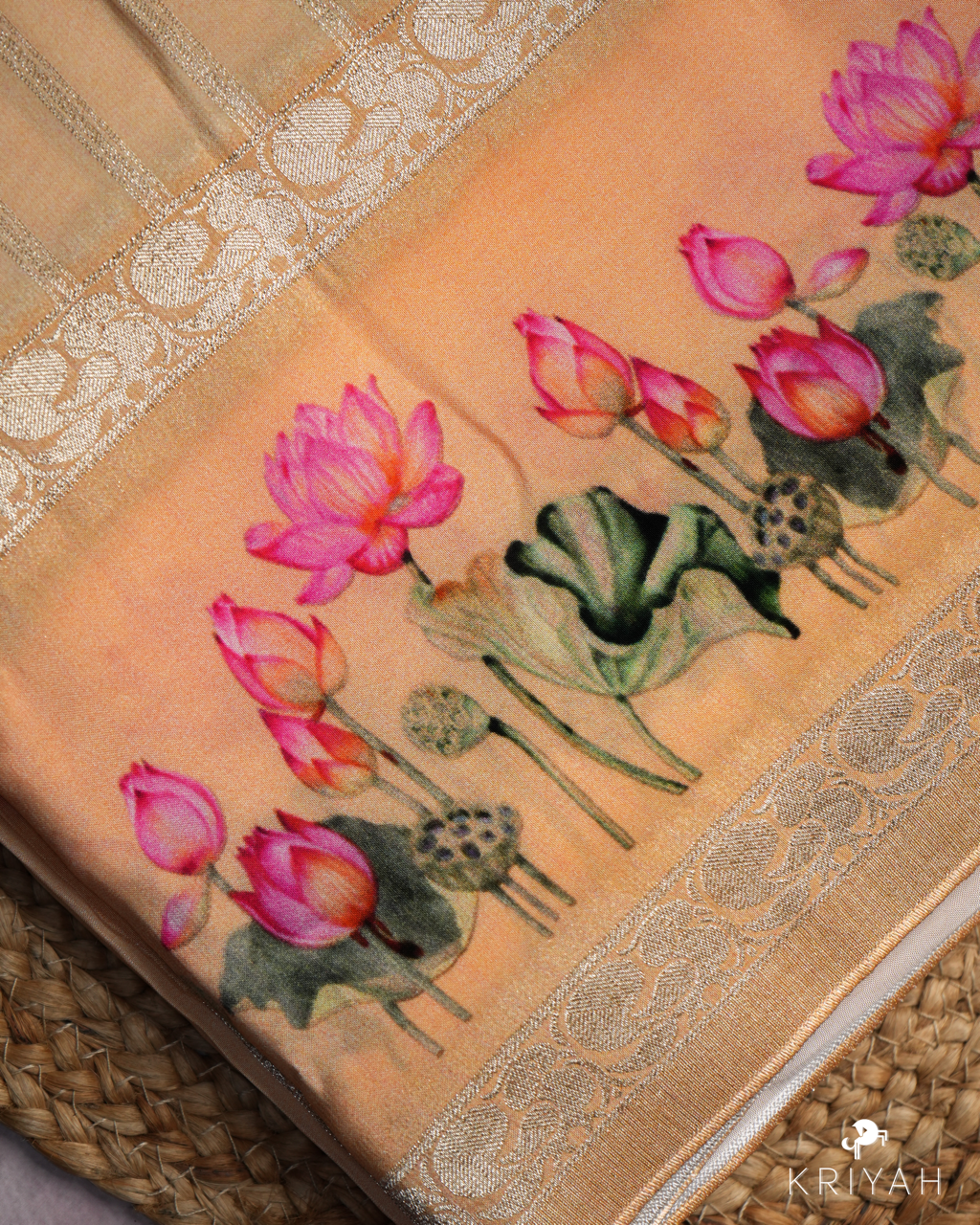 LOTUS PRINTED CREPE SAREE - PEACH