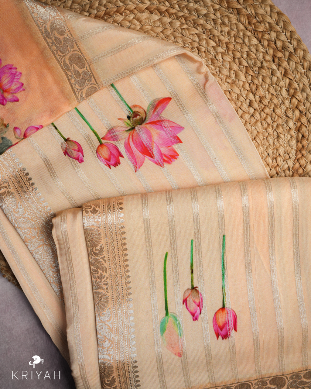 LOTUS PRINTED CREPE SAREE - PEACH