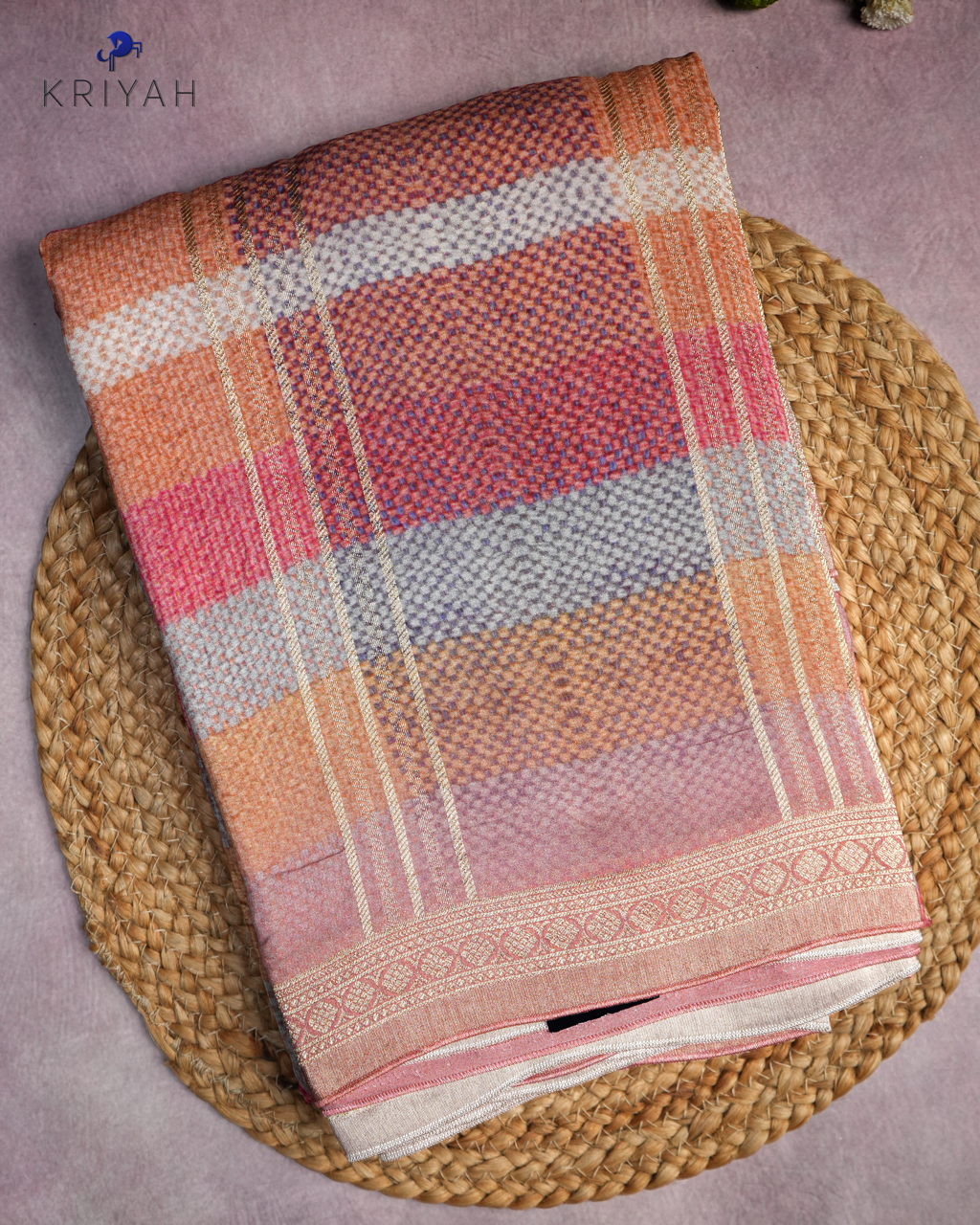 CHECKS PRINTED CREPE SAREE - RUST