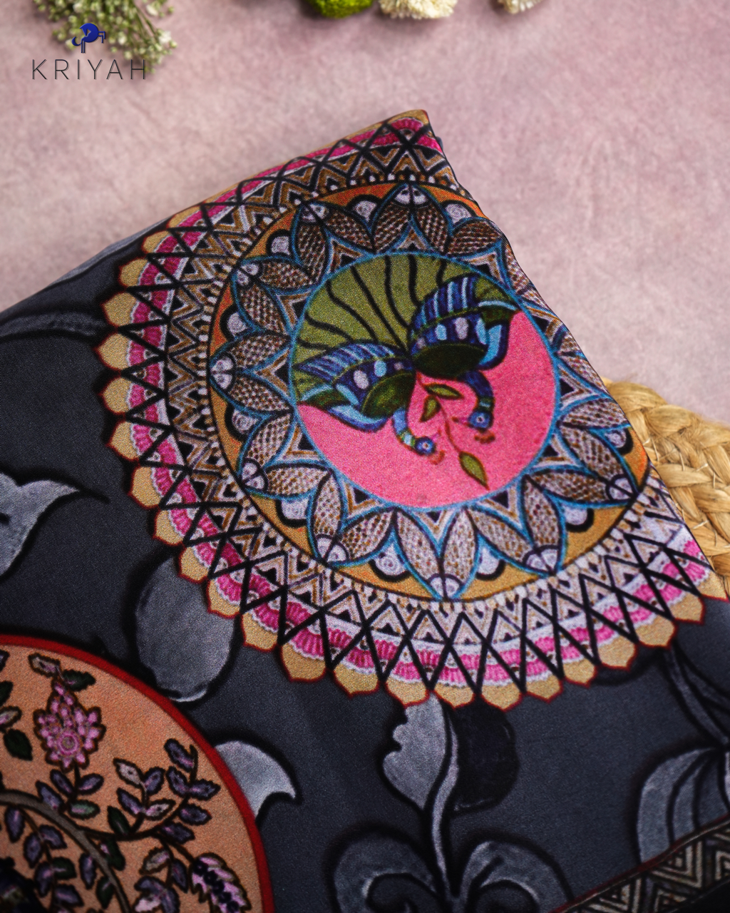 PRINTED CREPE SAREE - ASH WITH FLORAL MOTIFS