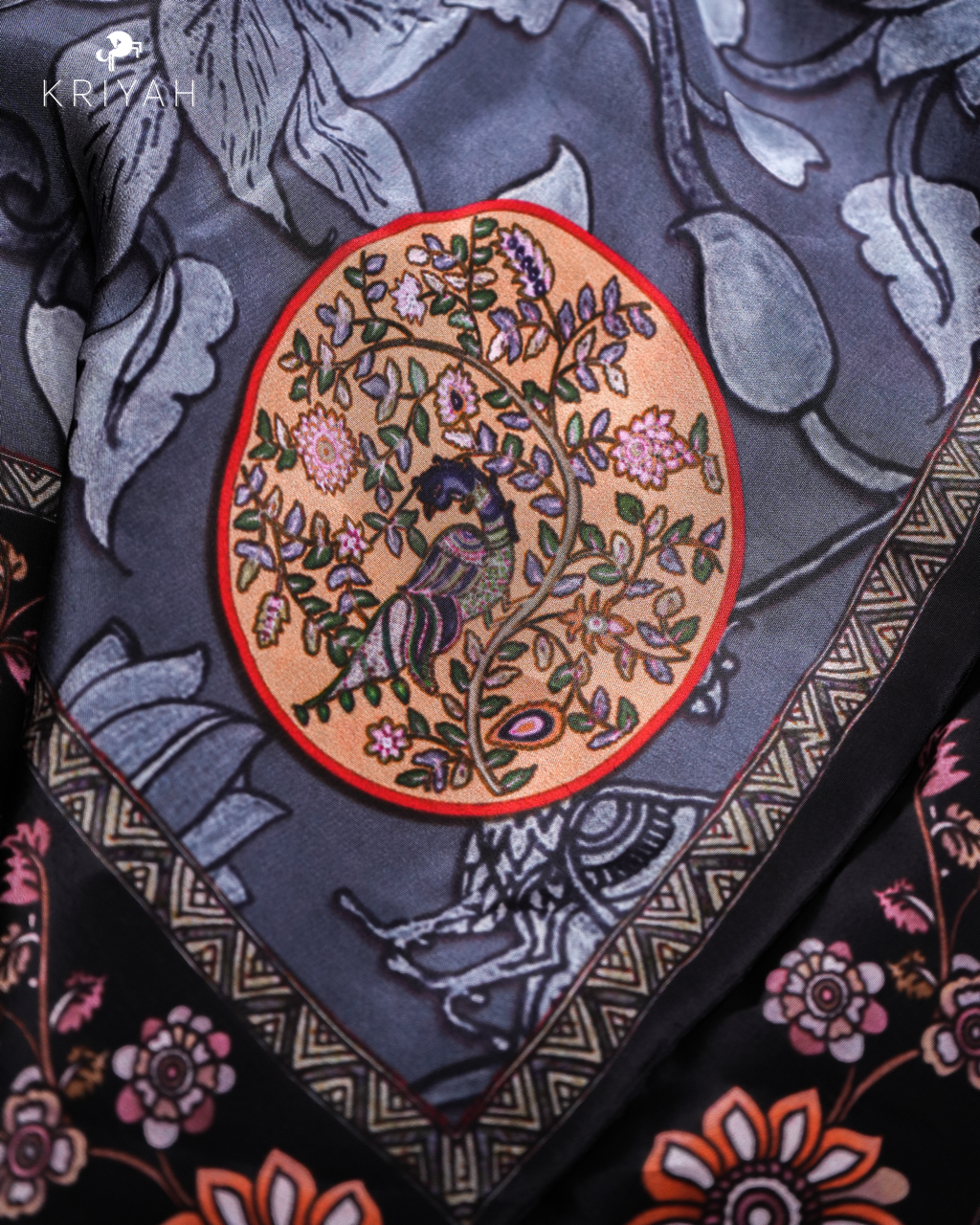 PRINTED CREPE SAREE - ASH WITH FLORAL MOTIFS