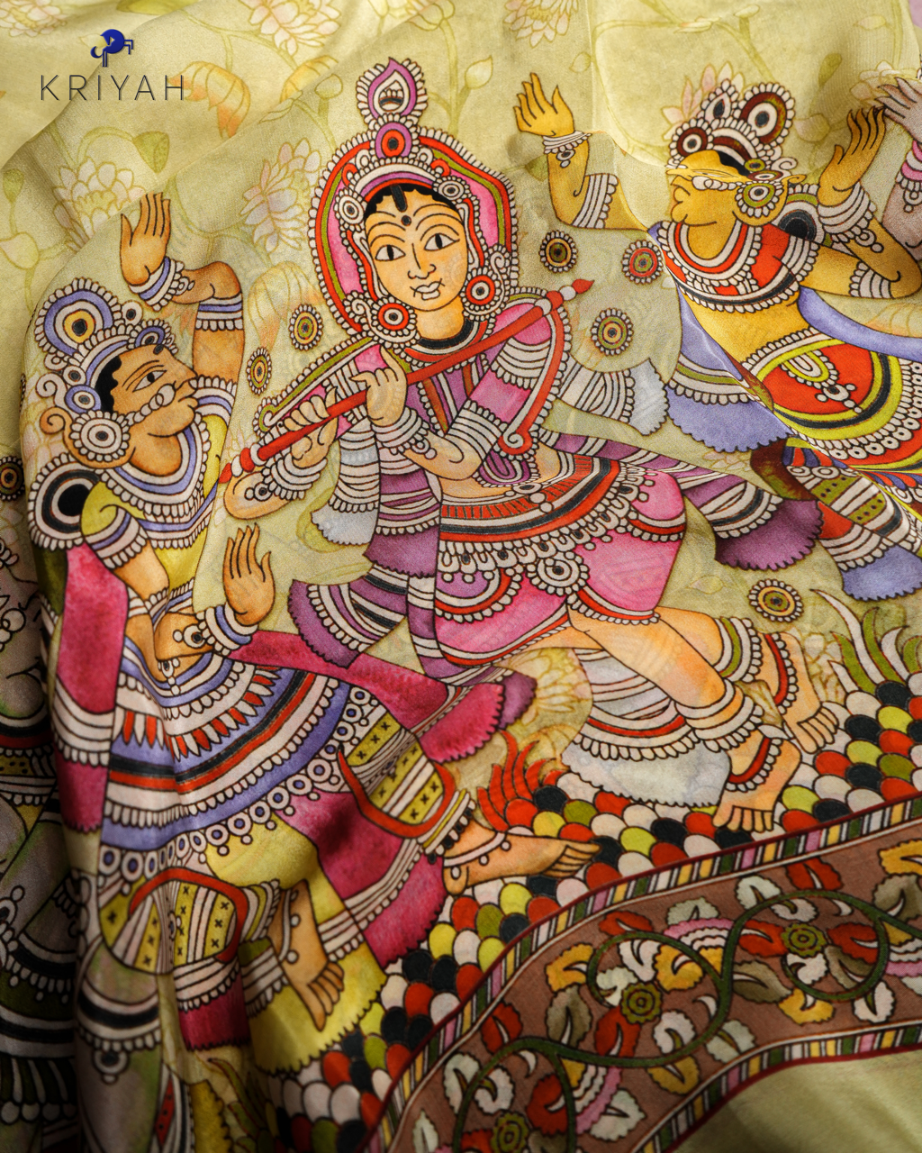 DIGITAL KALAMKARI PRINTED CREPE SAREE - LIME