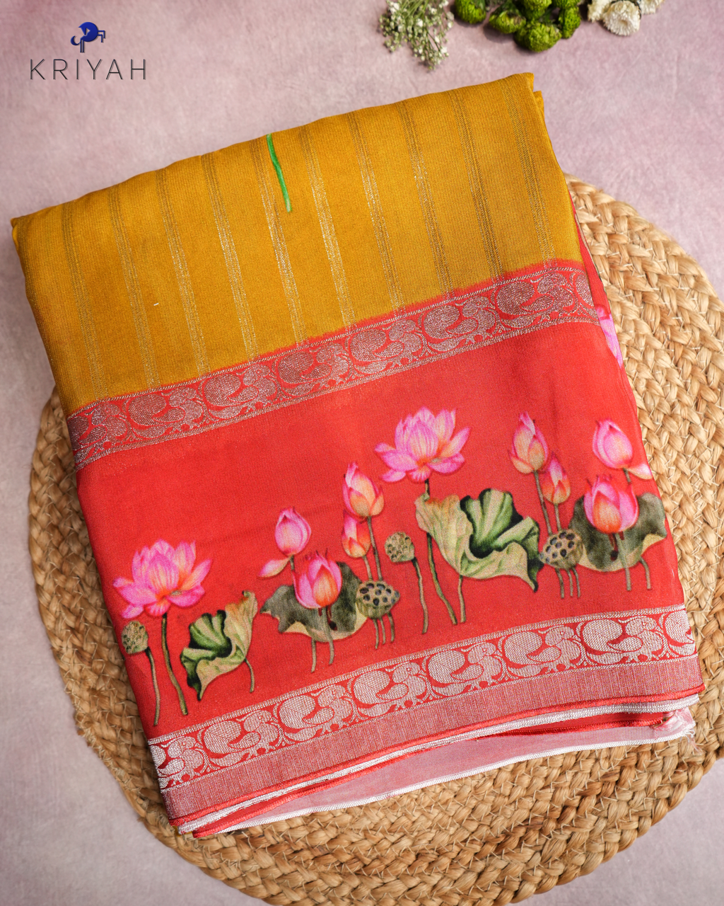 LOTUS PRINTED CREPE SAREE - MUSTARD YELLOW