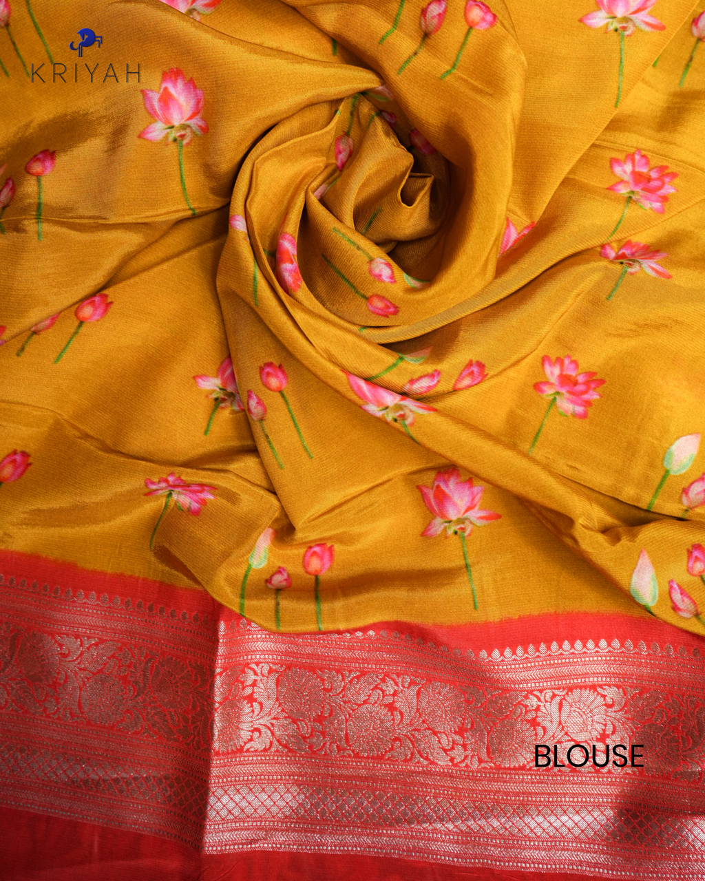 LOTUS PRINTED CREPE SAREE - MUSTARD YELLOW