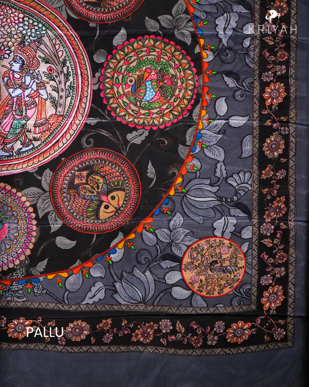 PRINTED CREPE SAREE - ASH WITH FLORAL MOTIFS