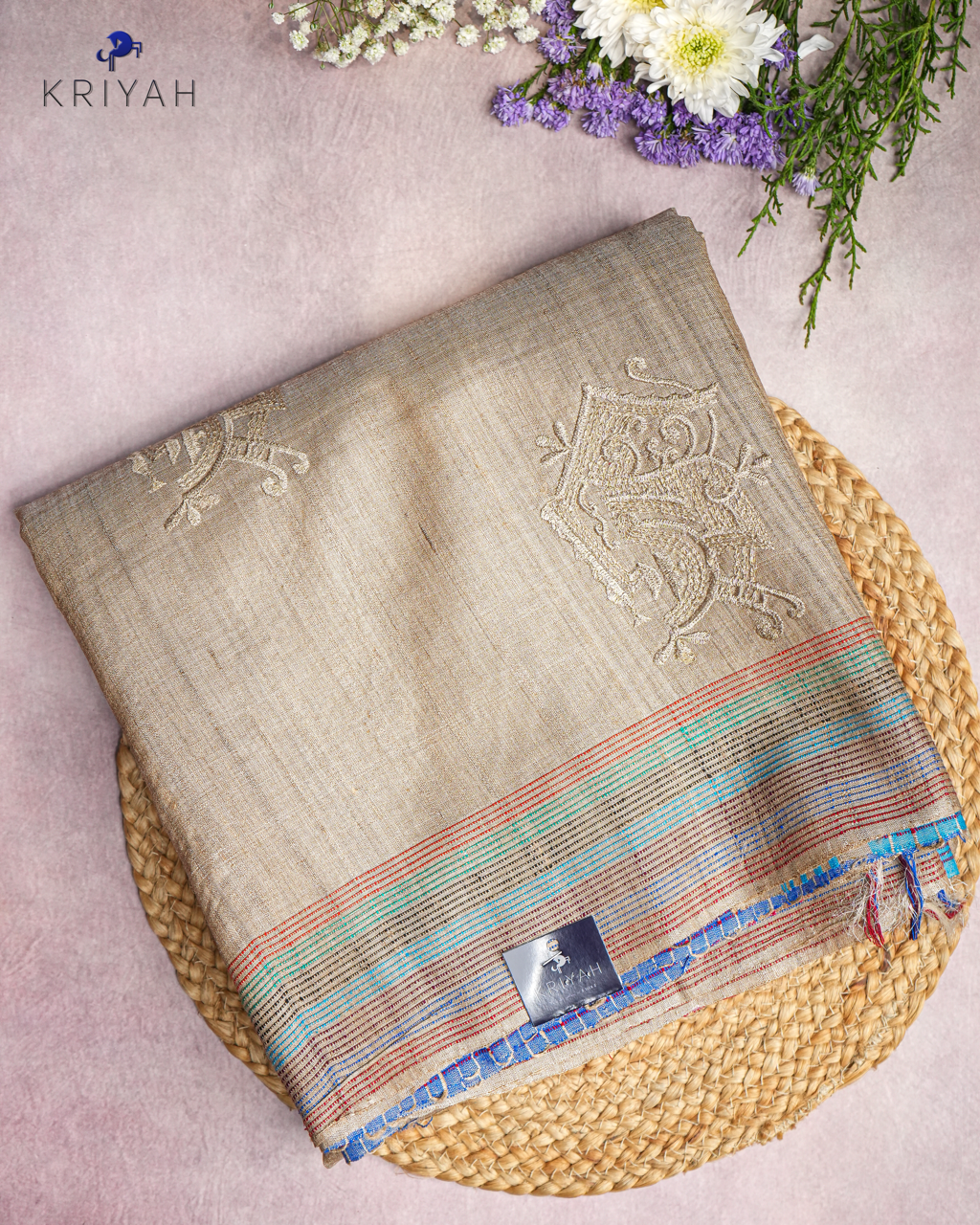 TUSSER SAREE WITH MULTI COLOUR STRIPES EMBROIDERY - KHAKI