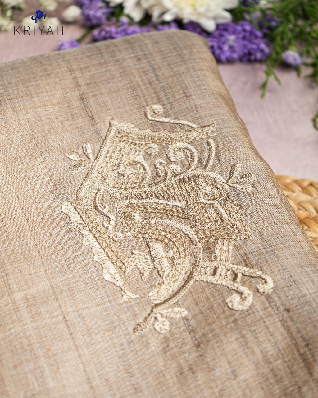 TUSSER SAREE WITH MULTI COLOUR STRIPES EMBROIDERY - KHAKI