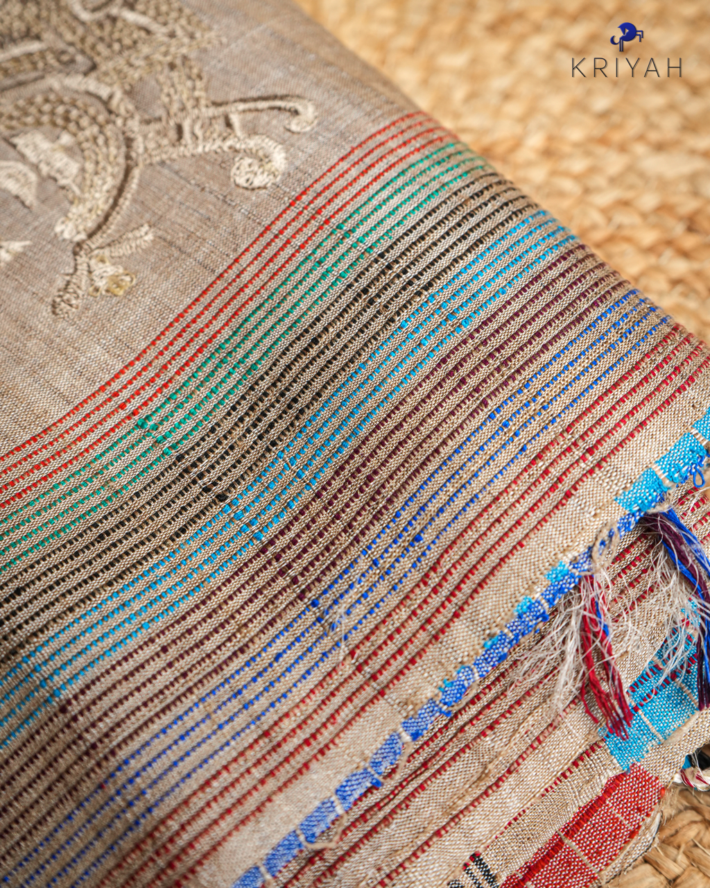 TUSSER SAREE WITH MULTI COLOUR STRIPES EMBROIDERY - KHAKI