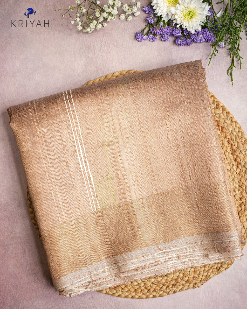 TUSSER SAREE WITH DENSE STRIPES & GOLD BORDER - GOLDEN BEIGE