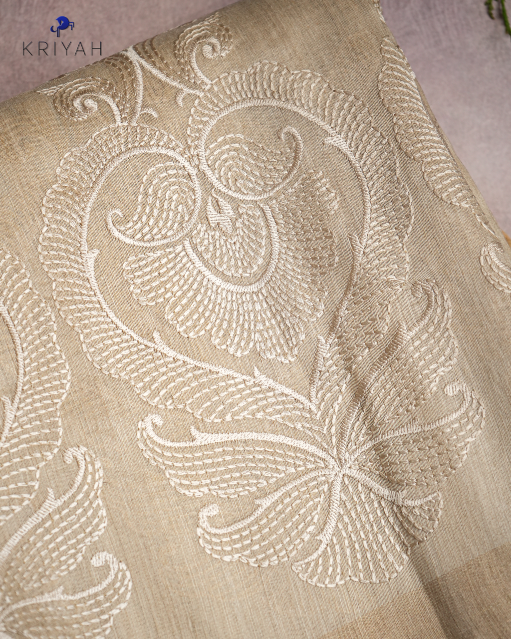 TUSSER SAREE WITH MOTIF EMBROIDERY - CHAMPAGNE