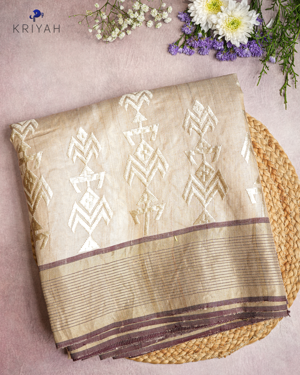 TUSSER SAREE WITH TRIBAL EMBROIDERY - IVORY