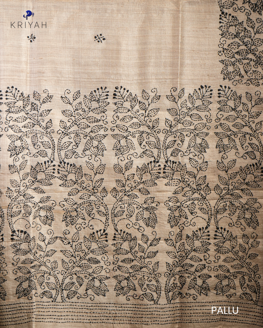 TUSSER SAREE WITH KANTHA EMBROIDERY - TAN