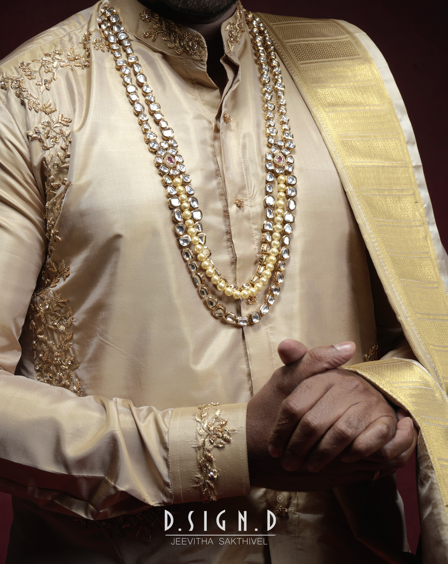 Handwoven Gold Pure Silk Checked Dhoti Set