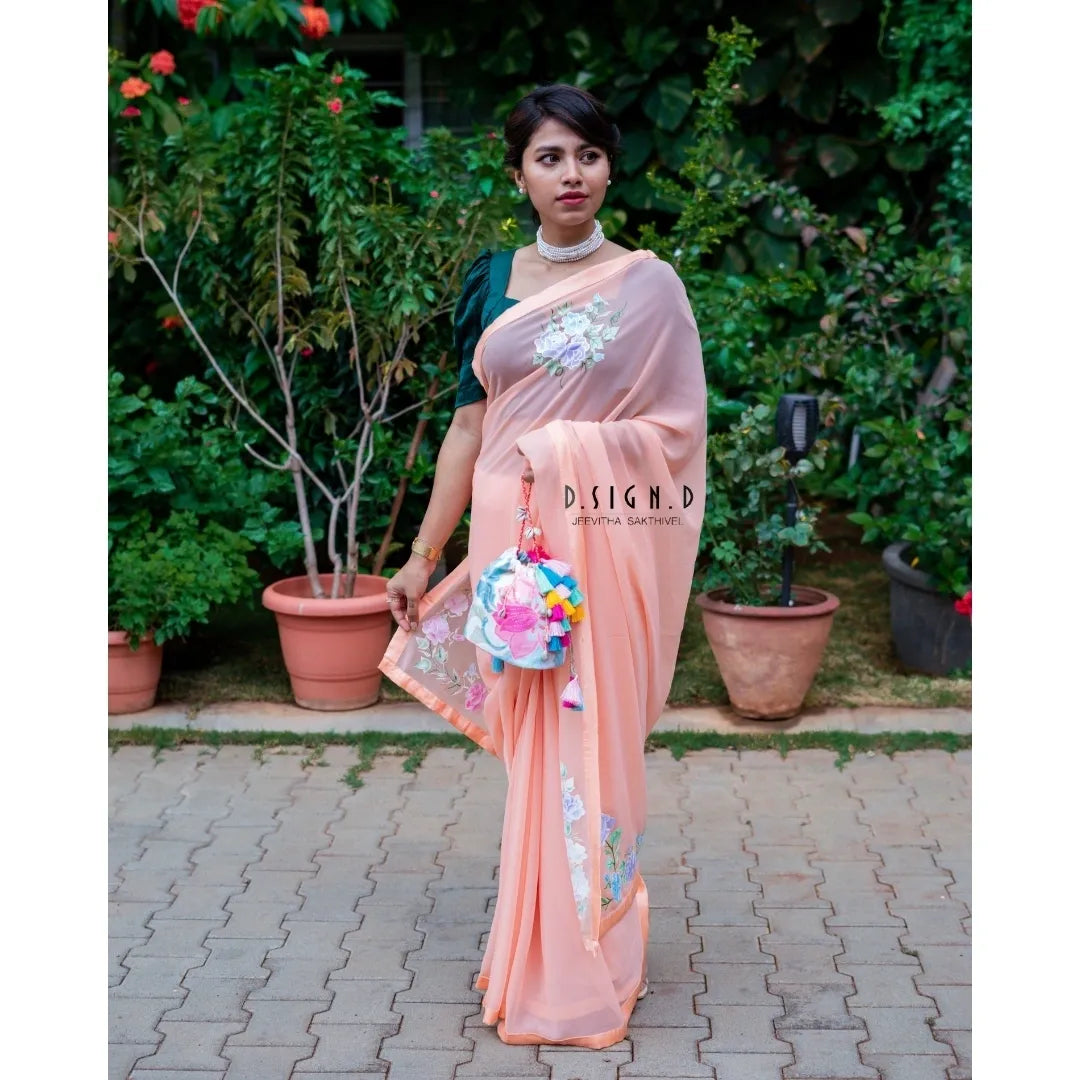 Floral Painted Peach Georgette Saree