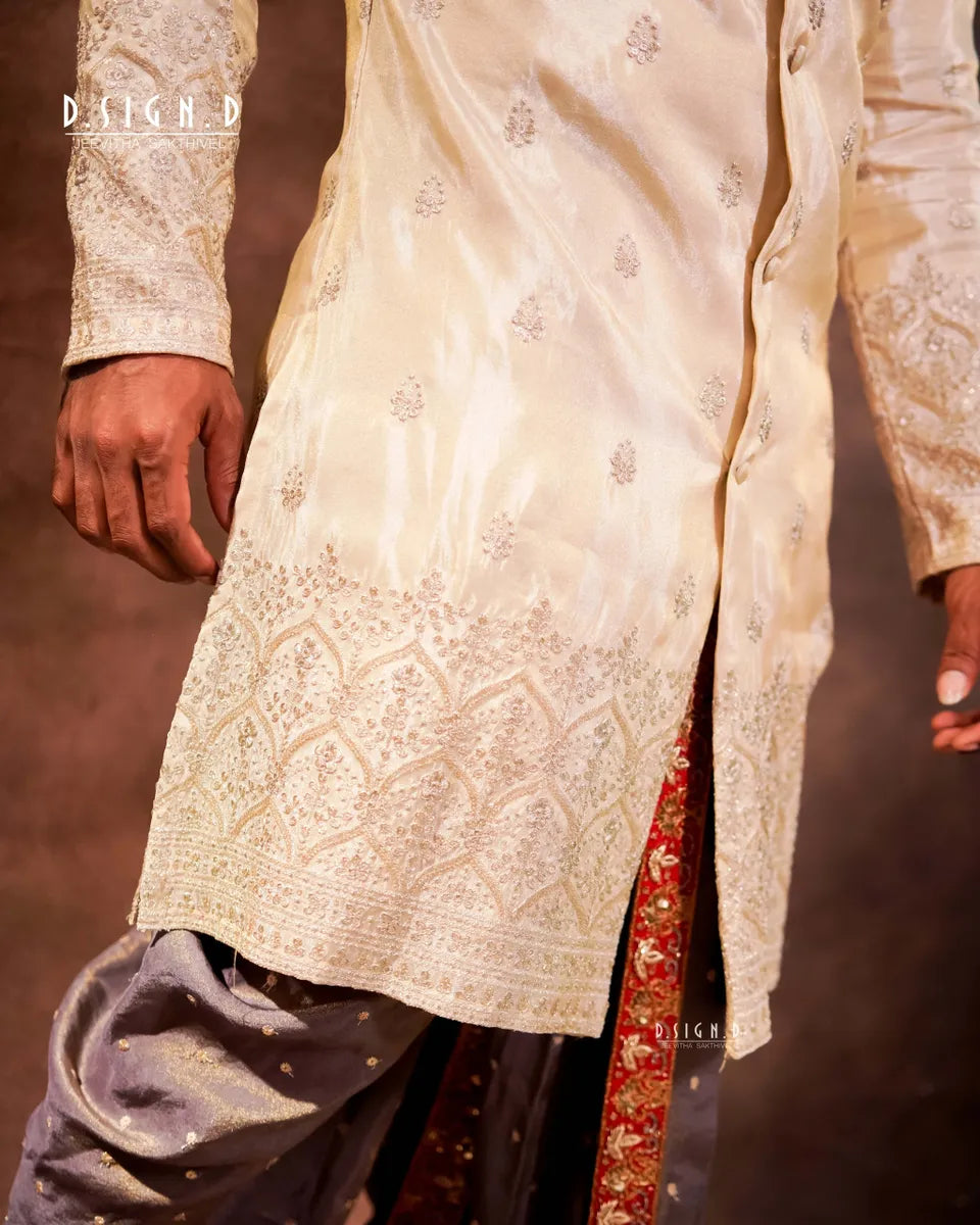 Ivory Embroidery kurta with embellished dhoti set