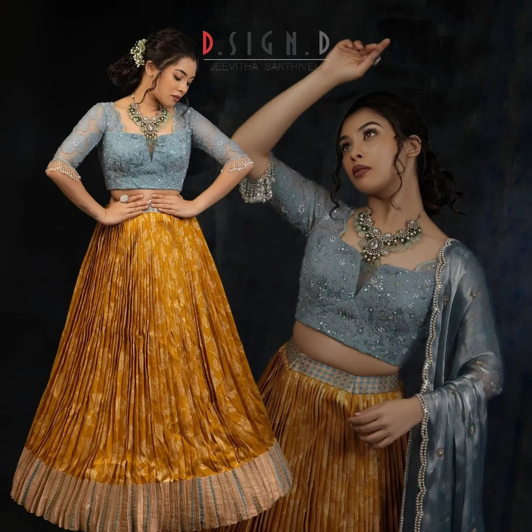 Floral Pleated Mustard Silk half saree