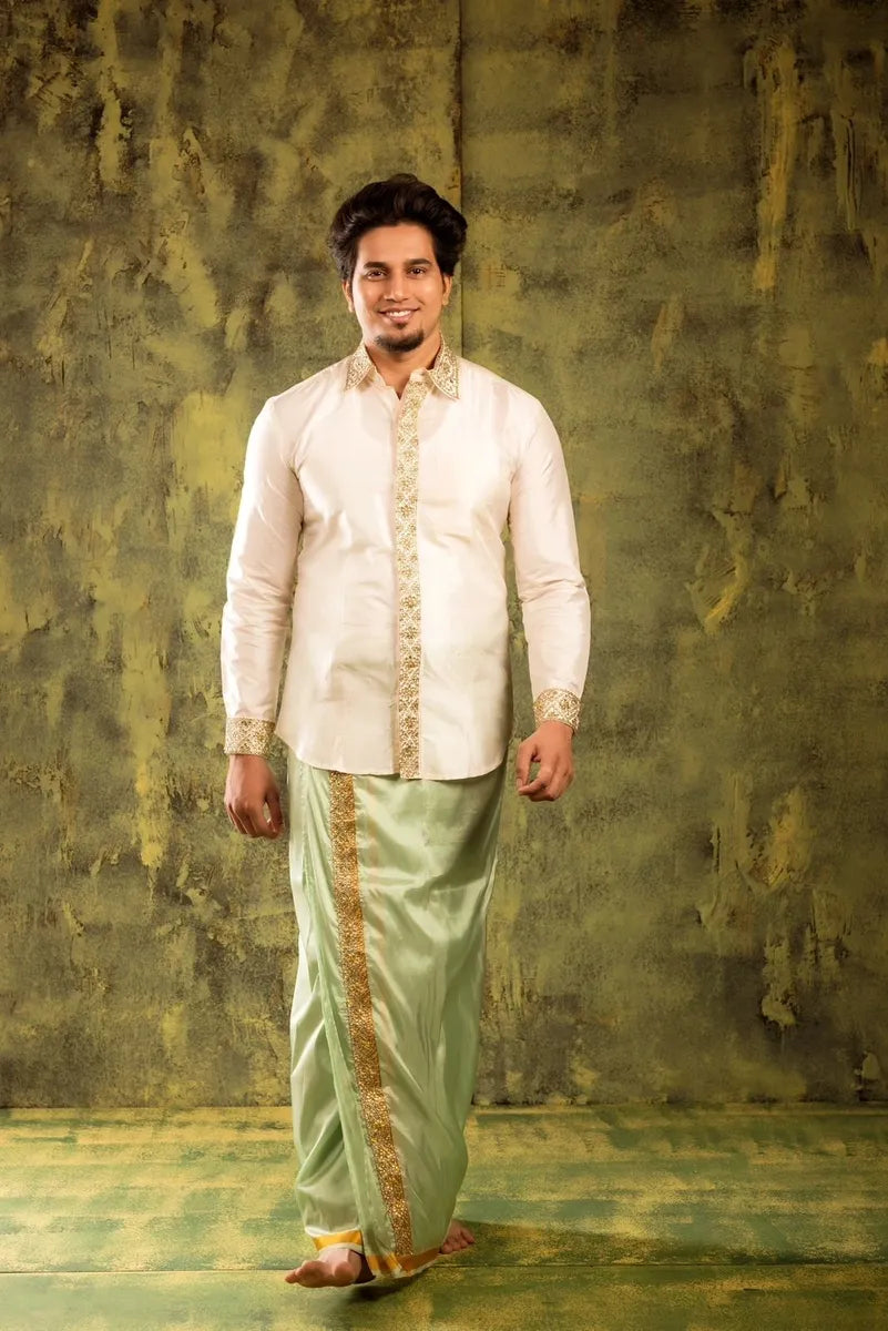 Embroidered Green Semi silk dhoti dsigndstudio Embroidered Green Semi silk dhoti dsigndstudio
