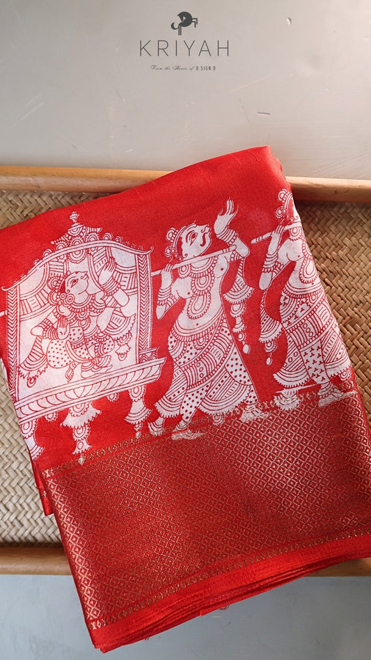 DOLA SILK SAREE WITH PALLENQUIN PRINT RED