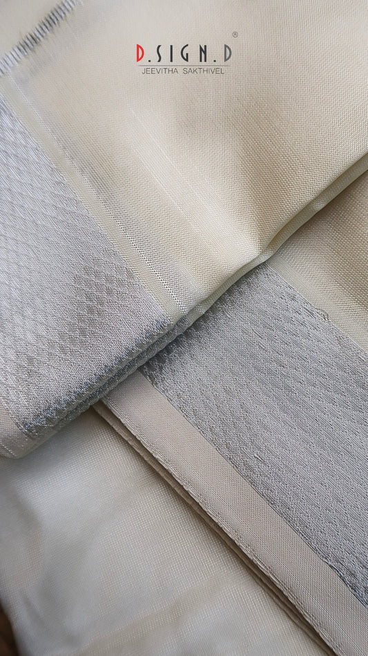 White semi silk silver zari dhoti with unstitched Shirt