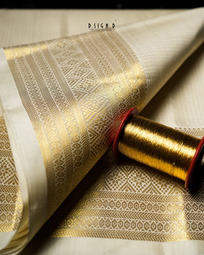 2G ZARI HANDLOOM - TRADITIONAL VAIRA OOSI BORDER PURE SILK DHOTI SET WHITE - 9x5