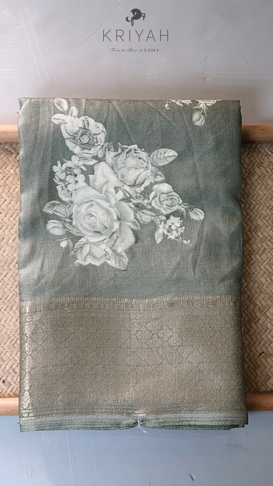 DOLA SILK SAREE WITH FLORAL PRINT DUSKY GREEN