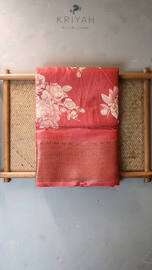 DOLA SILK SAREE WITH FLORAL PRINT PEACH