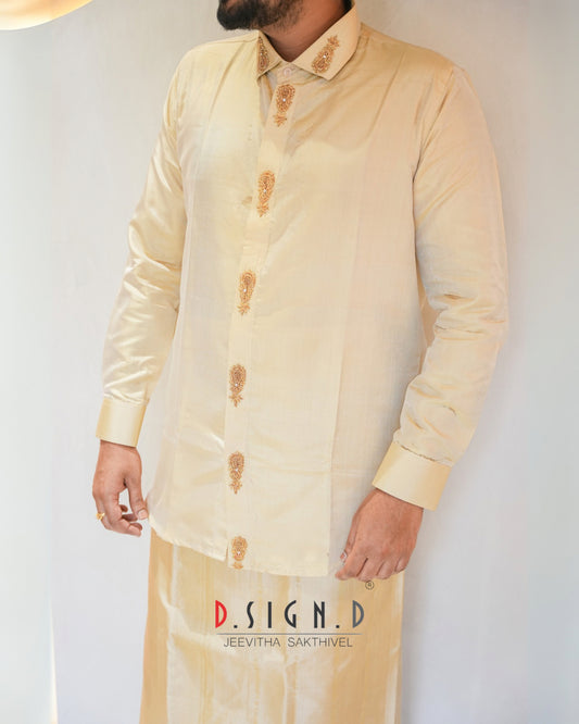 Cream Embroidered Muhurtham Silk Shirt
