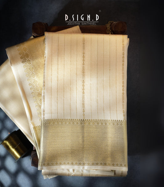 Handwoven Sandal Pure Silk Dhoti with Angavastram - Stripe design
