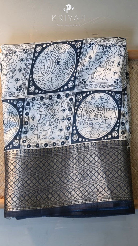 DOLA SILK SAREE WITH CHECKS PRINT NAVY BLUE