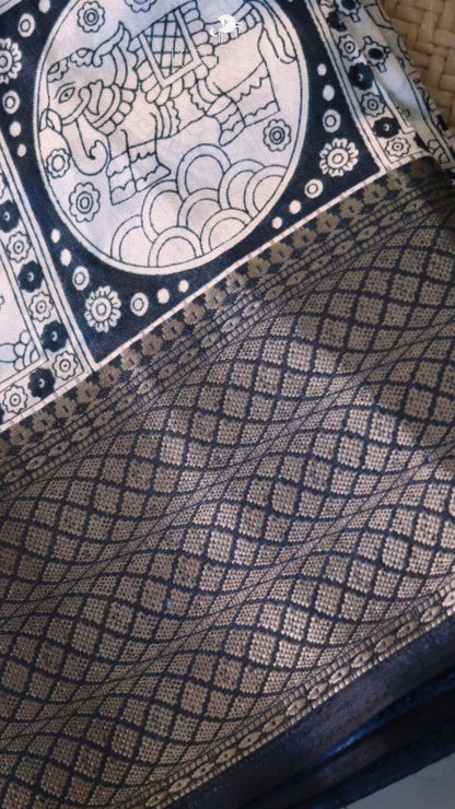 DOLA SILK SAREE WITH CHECKS PRINT NAVY BLUE