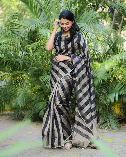 Tara- Black gold striped Crush Saree