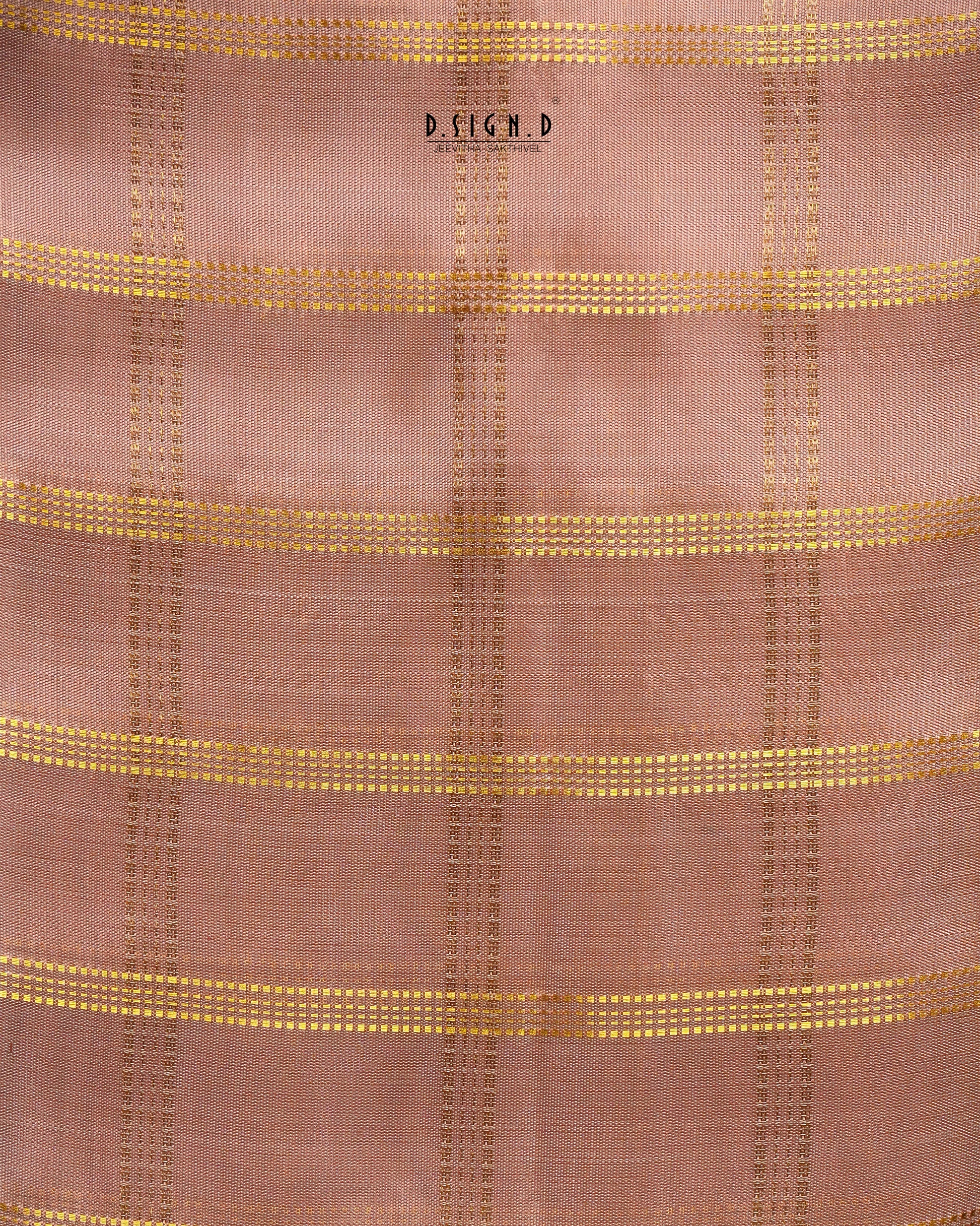 A close-up of a copper shade woven fabric with a subtle grid texture and horizontal metallic gold stripes.