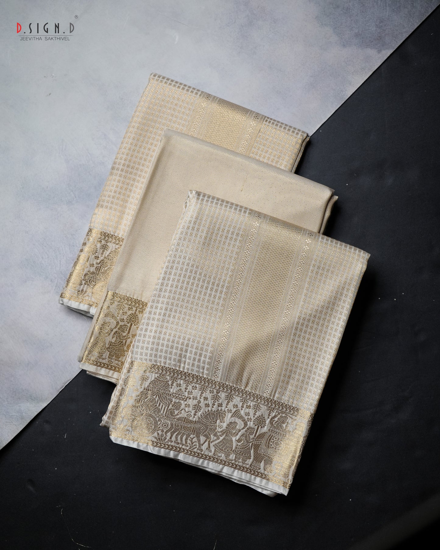 WHITE PALLENQUIN ZARI CHECKS FINE SILK DHOTI SET