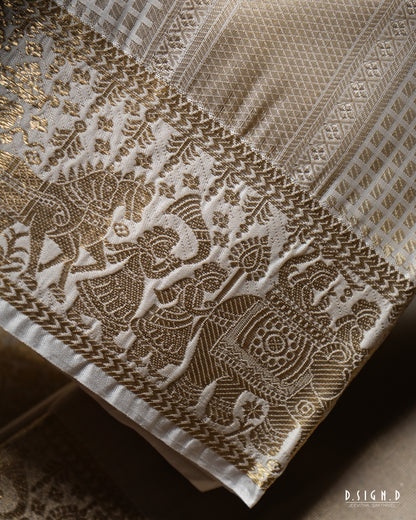 WHITE PALLENQUIN ZARI CHECKS FINE SILK DHOTI SET
