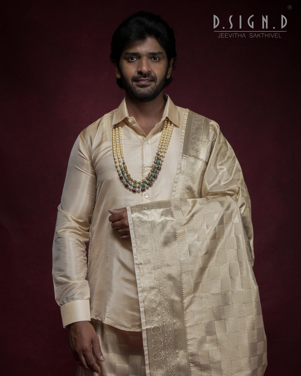 GOLD PATTU KATTAM FINE SILK TISSUE DHOTI SET (Bridal)