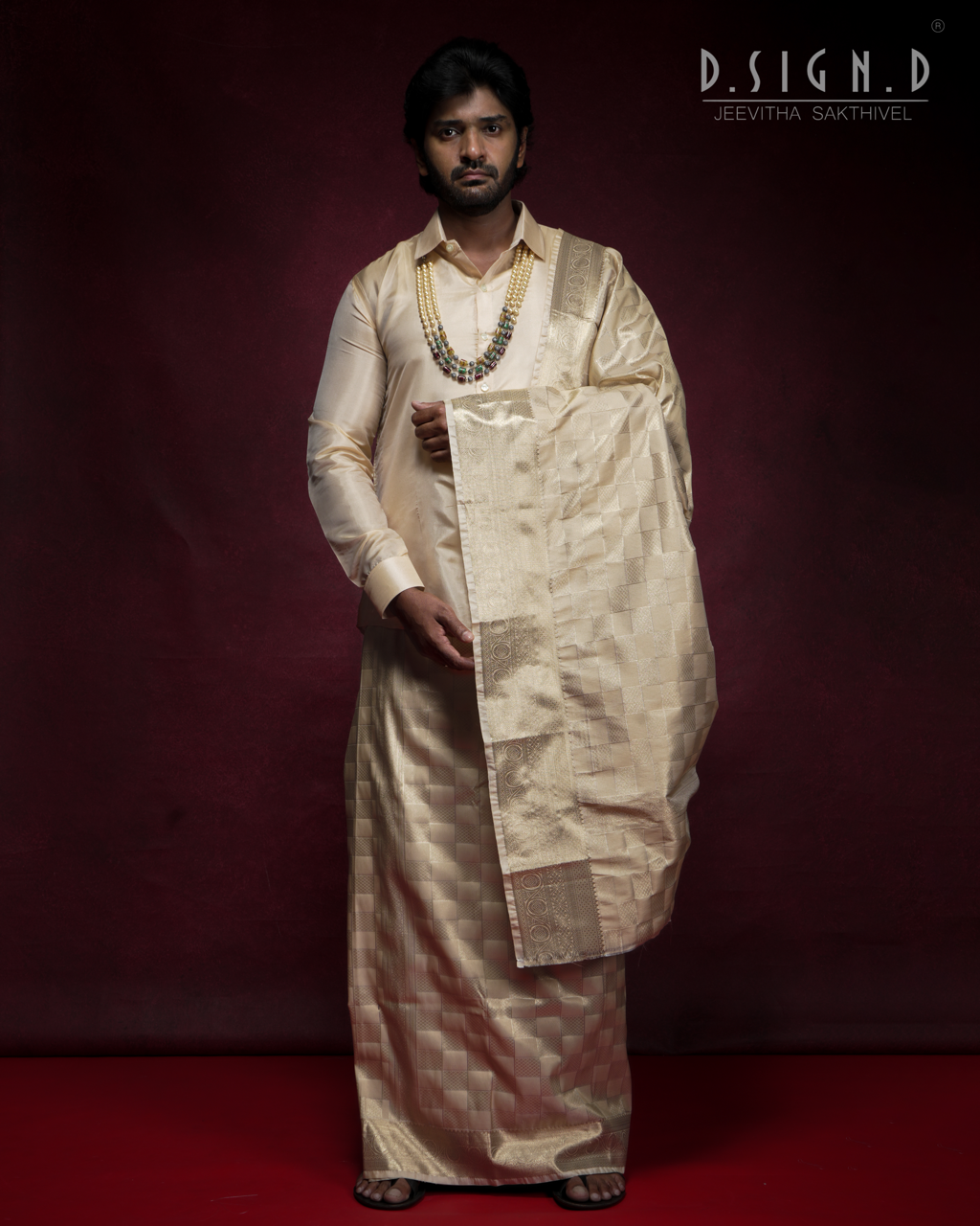 GOLD PATTU KATTAM FINE SILK TISSUE DHOTI SET (Bridal)