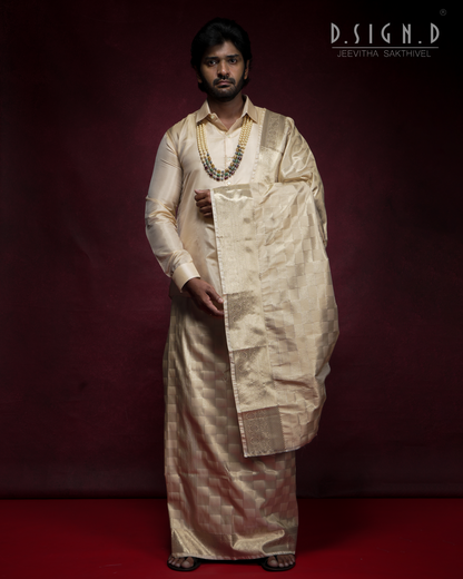 GOLD PATTU KATTAM FINE SILK TISSUE DHOTI SET (Bridal)