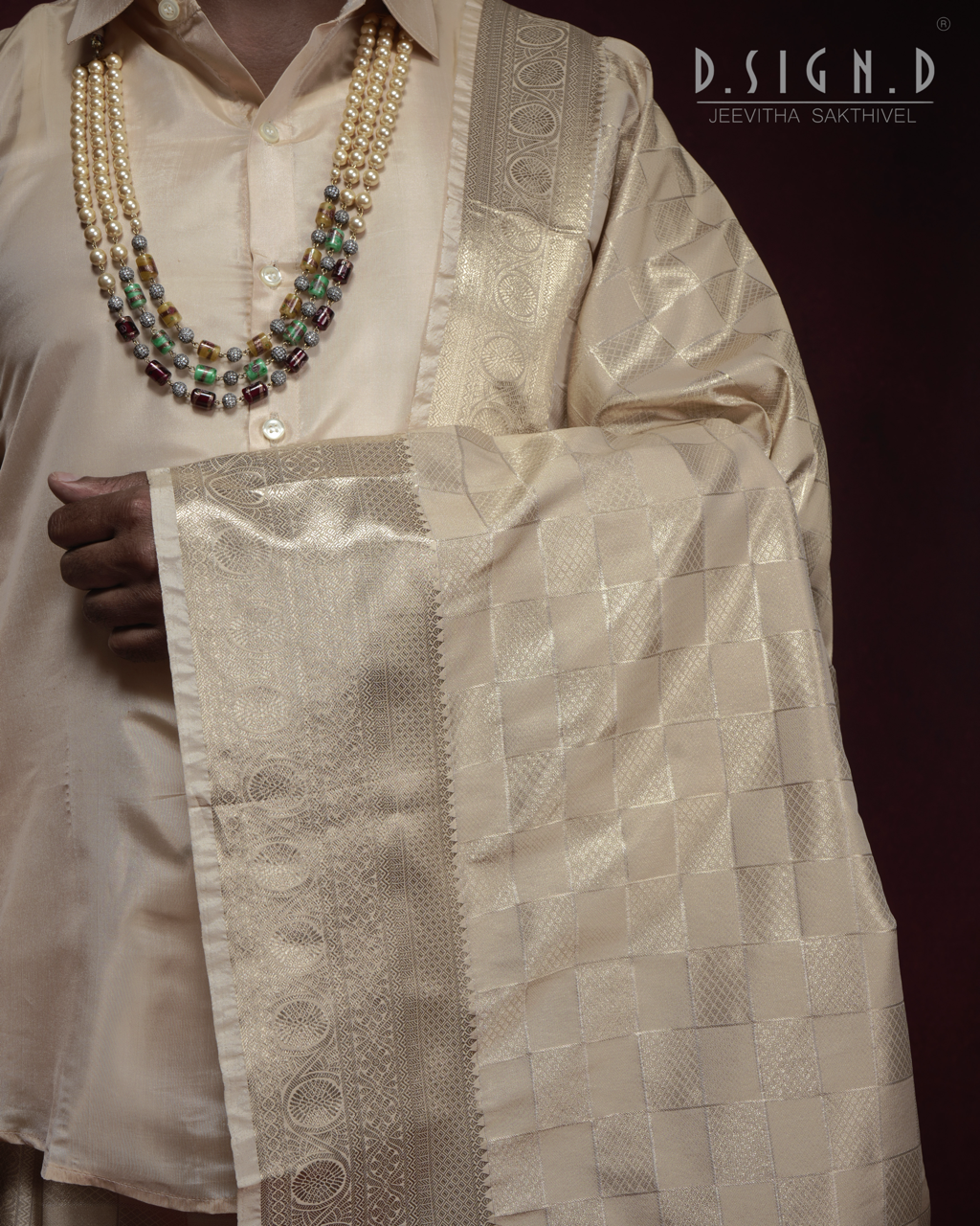 GOLD PATTU KATTAM FINE SILK TISSUE DHOTI SET (Bridal)